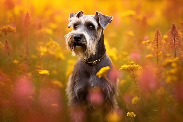 Chien schnauzer standard assis dans un champ de prairie entouré de fleurs sauvages vibrantes et d'herbe par une journée ensoleillée générée par ai