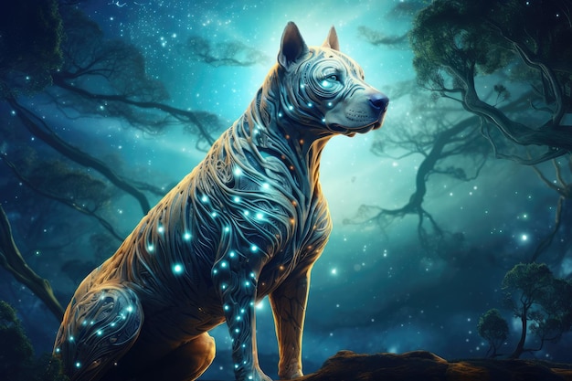 Chien de science-fiction, créature fantastique avec un ciel coloré et un fond sombre.