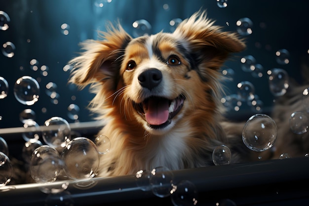 Photo un chien se baigne dans un bain avec des bulles de savon sur fond bleu 1