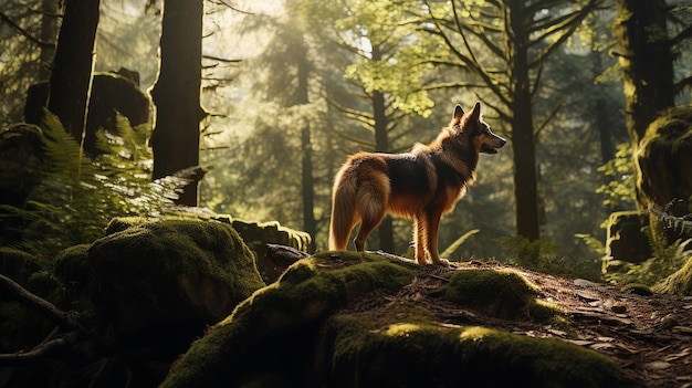 Un chien se promène dans la forêt Photo générée par l'IA