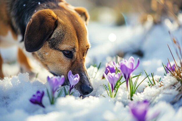 Un chien se promène un jour de printemps