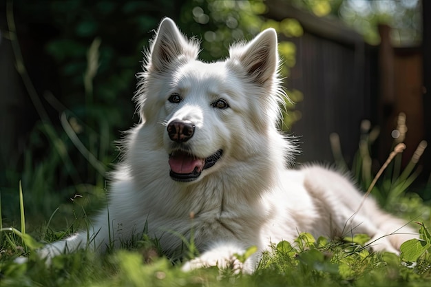 Le chien se repose à l'ombre sur la pelouse