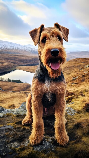 un chien se tient sur une colline avec une montagne en arrière-plan