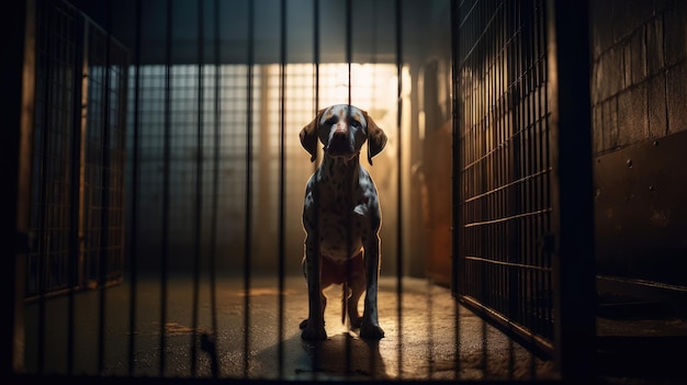 Un chien se tient dans une cage avec les mots "chien" dessus