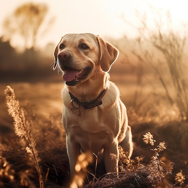 Un chien se tient debout dans un champ d'herbes hautes et de mauvaises herbes.