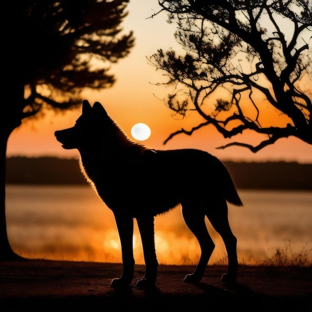 Un chien se tient devant un coucher de soleil avec le soleil se couchant derrière lui.