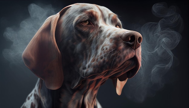 Chien sérieux dans la fumée sur fond noir foncé par Generative AI