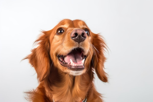 Un chien setter irlandais avec la bouche ouverte sur un fond blanc