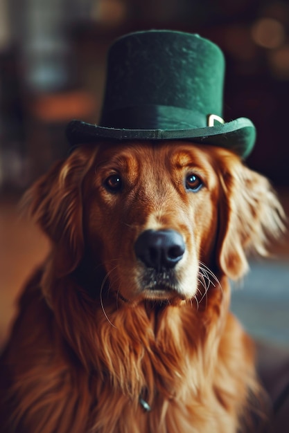 Chien setter irlandais avec un chapeau vert sur un fond en bois