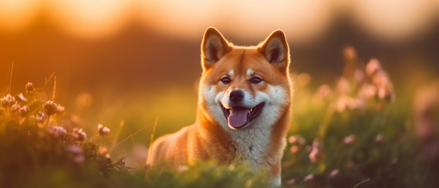 Chien shiba inu dans un champ