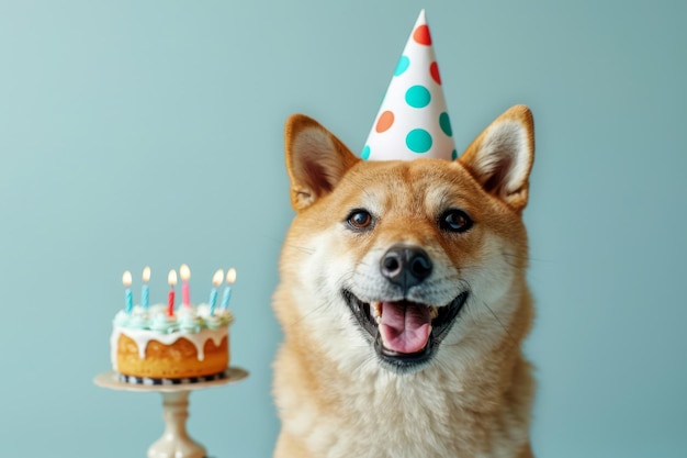 Un chien Shiba Inu heureux avec un gâteau d'anniversaire et des bougies sur fond bleu