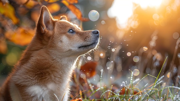 Le chien Shiba Inu joue dans le jardin