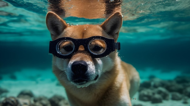 Le chien Shiba Inu plonge dans la mer remplie de récifs coralliens.