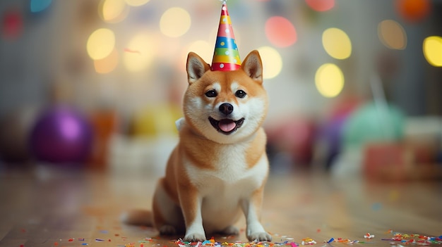 Chien shiba inu portant un chapeau d'anniversaire