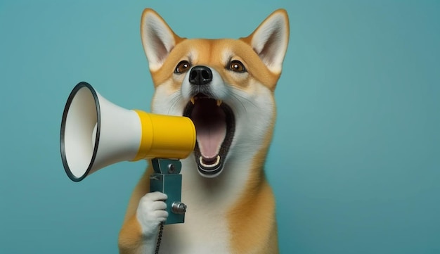 chien Shiba tient un haut-parleur jaune dans ses cris et annonçant sur soft blue studio b