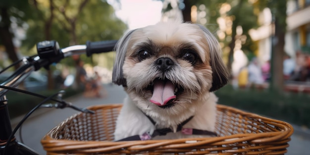 Le chien Shih Tzu s'amuse à faire du vélo le matin ensoleillé en été dans la rue de la ville