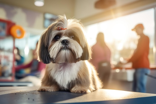 Un chien shih tzu se fait couper les cheveux dans un salon de toilettage pour animaux de compagnie généré par ai