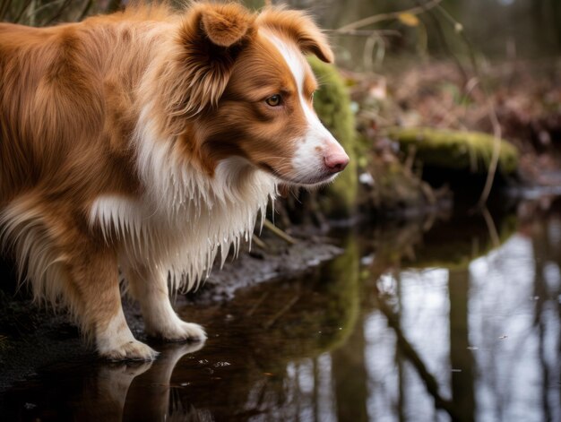 Chien et son reflet dans un étang calme