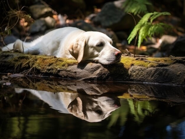 Photo chien et son reflet dans un étang calme