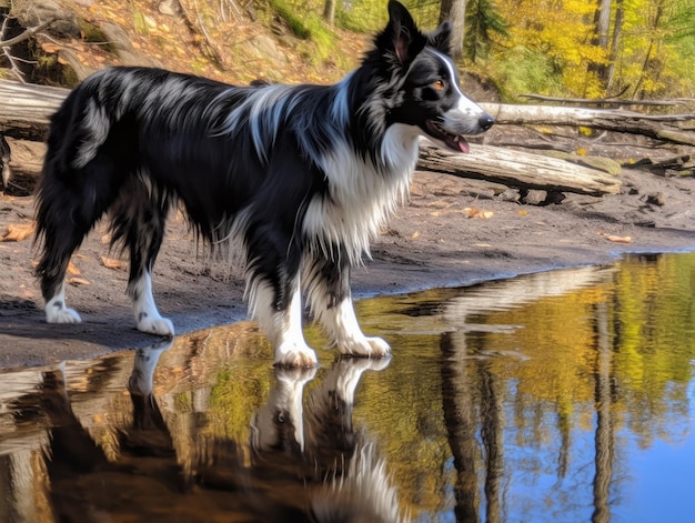 Photo chien et son reflet dans un étang calme