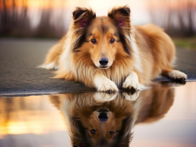 Chien et son reflet dans un étang calme