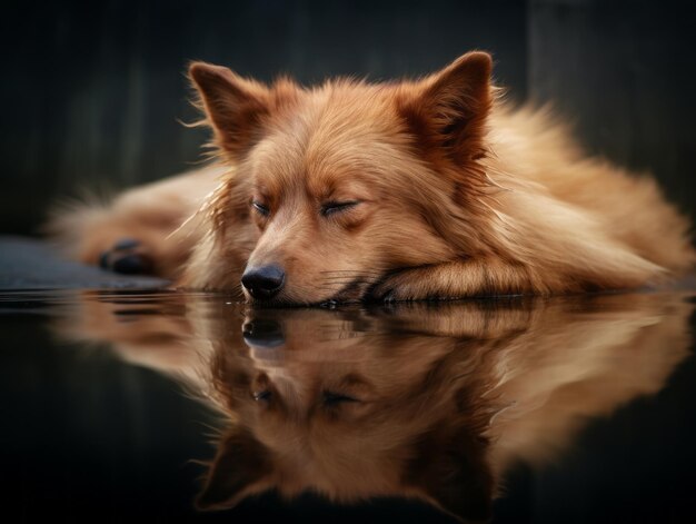 Chien et son reflet dans un étang calme