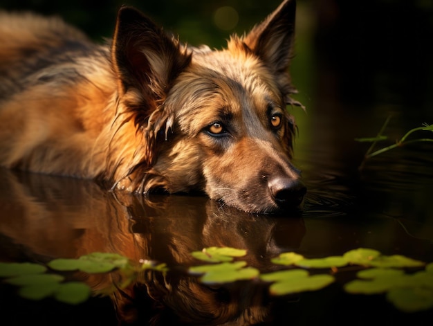 Chien et son reflet dans un étang calme