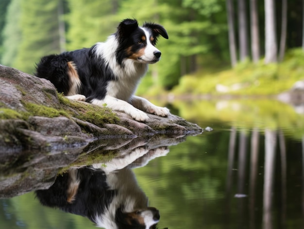 Chien et son reflet dans un étang calme