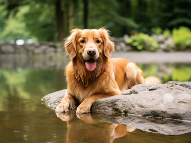 Photo chien et son reflet dans un étang calme