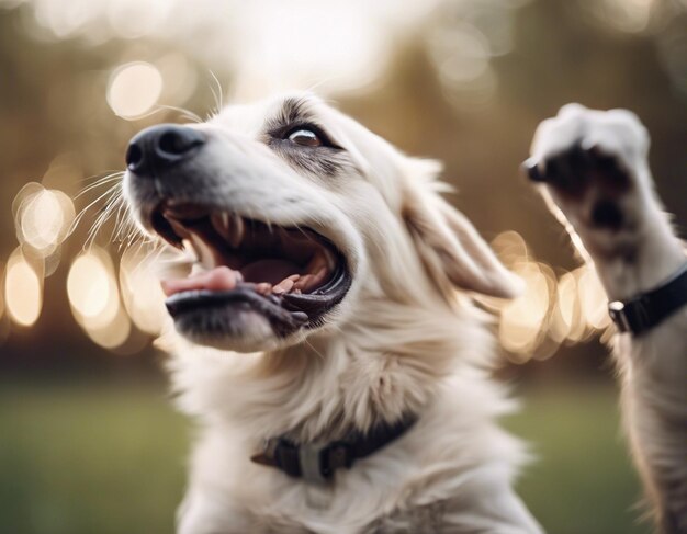 Photo un chien soulevant les deux mains photo brute mignon hourra chien heureux