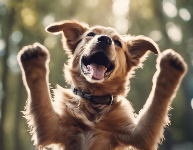 Un chien soulevant les deux mains photo brute mignon hourra chien heureux