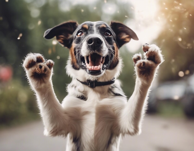 Un chien soulevant les deux mains photo brute mignon hourra chien heureux