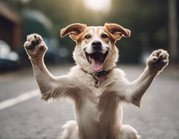 Un chien soulevant les deux mains photo brute mignon hourra chien heureux