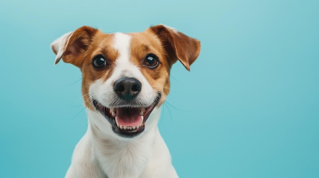 Photo le chien souriant jack russell terrier isolé sur fond bleu avec la photographie d'animaux de compagnie de l'espace de copie