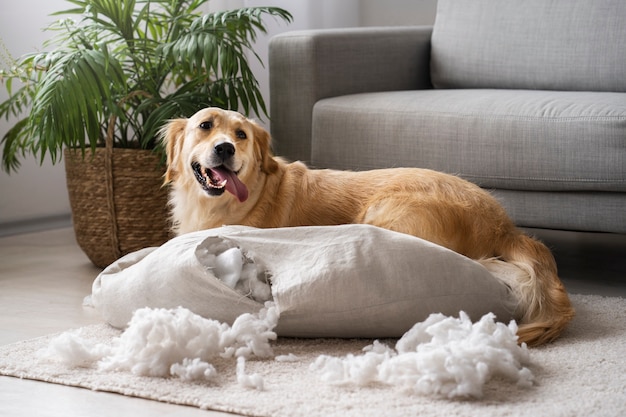 Chien souriant jouant avec un oreiller à l'intérieur