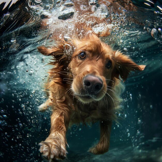 Chien sous l'eau et la natation comme l'exercice animal ou l'activité physique ou la mobilité apprendre ou amusant doré