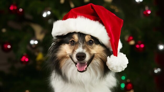 Photo un chien spitz avec un chapeau de père noël