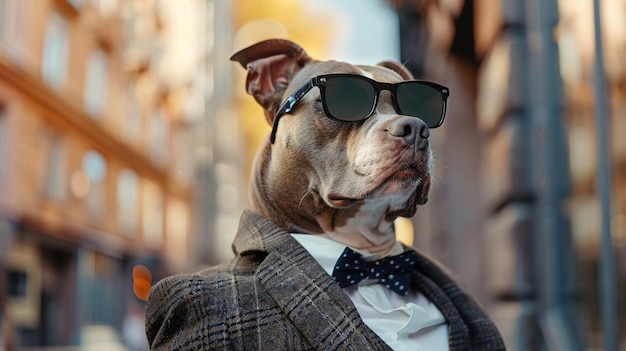 Un chien avec un style impeccable portant des lunettes de soleil et un costume