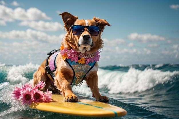 Un chien avec style en surfant sur la plage