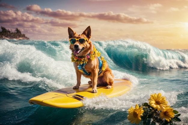 Un chien surfant sur la plage