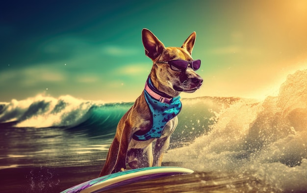 Chien surfant sur une planche de surf portant des lunettes de soleil au bord de l'océan