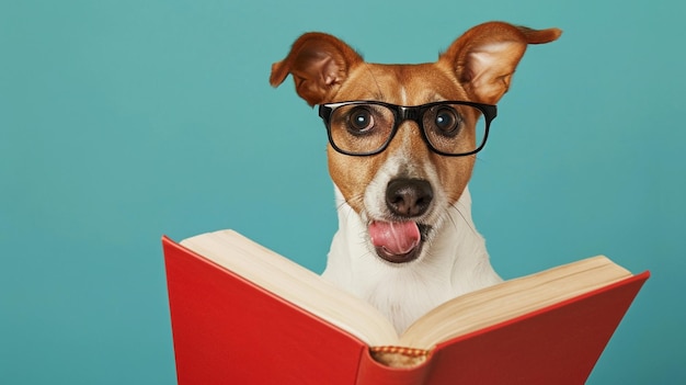 Chien surpris dans des lunettes tenant un livre ouvert sur un fond pastel Generative Ai