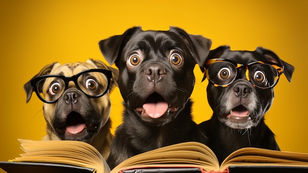 Chien surpris avec un livre.