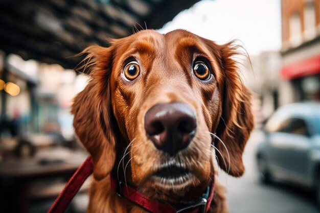 Un chien surpris regarde la caméra sur le fond d'une rue de la ville