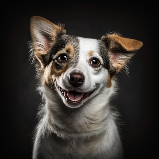 Un chien avec une tache blanche sur l'oreille sourit.