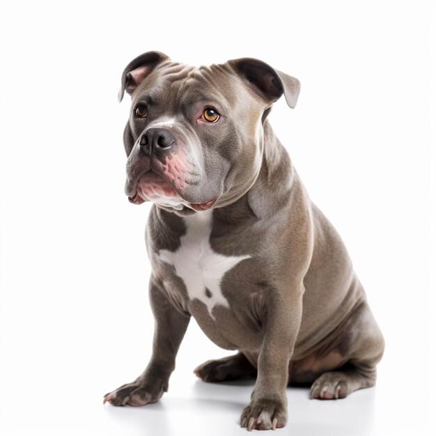 Un chien avec une tache blanche sur la poitrine est assis sur un fond blanc.