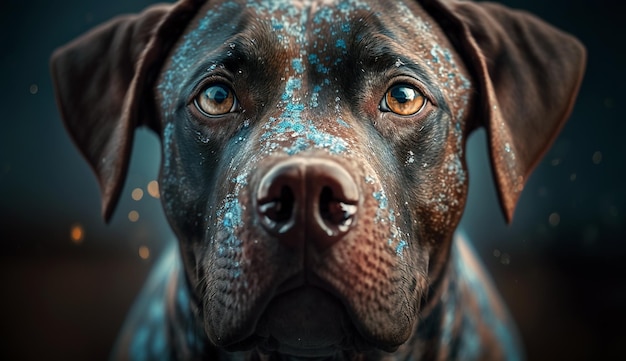 Un chien avec des taches bleues sur le visage