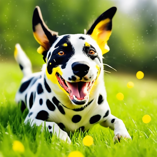 chien avec des taches jaunes et noires qui a l'air très joyeux et joueur le chien roule sur l'herbe