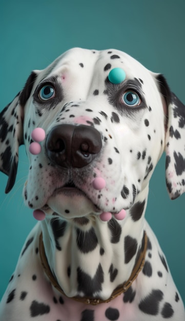 Un chien avec des taches sur le visage et un fond bleu