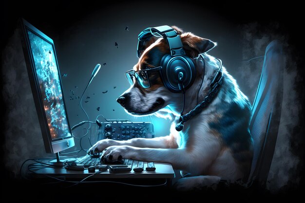 Chien en tant que jeu vidéo en direct joueur utilise un ordinateur PC pour le divertissement Art généré par réseau neural